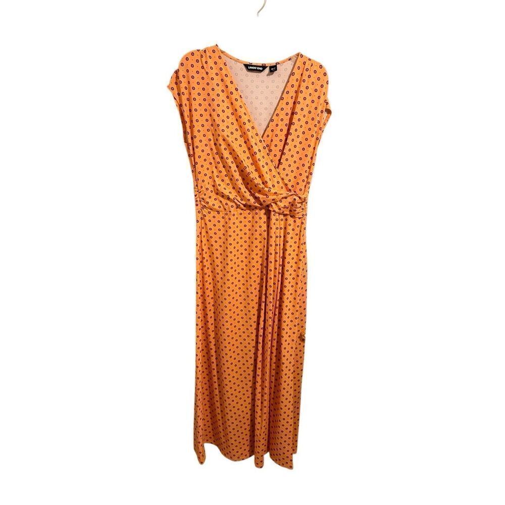 Lands' End Coral Print V-Neck Draped Wrap Midi Dress Size M/P 10-12